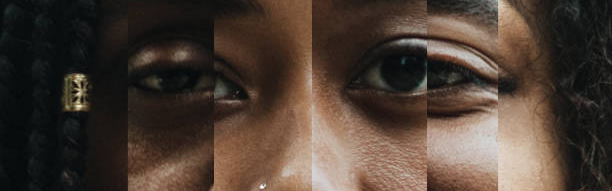 Close-up of multiple faces, showing slices of 6 peoples faces to make one whole face
